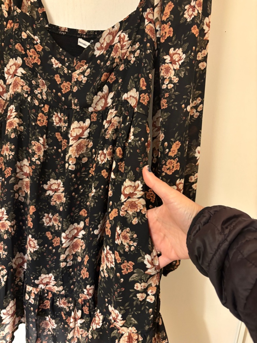 Abercrombie & Fitch Black Floral Dress Babydoll Mini Size Medium Long Sleeve Y2K - Picture 7 of 13
